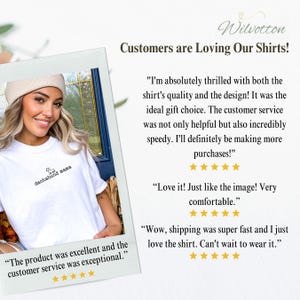 May include: A white t-shirt with the text "dachshund mama" printed on the front. The shirt is being worn by a woman with a light brown beanie. The image includes customer reviews praising the quality of the shirt and the customer service.