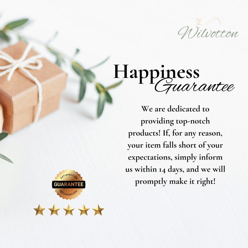 Puede incluir: Una caja de regalo marr&oacute;n con una cinta blanca y una planta verde en el fondo. El texto "Happiness Guarantee" est&aacute; escrito en negro. El texto "We are dedicated to providing top-notch products! If, for any reason, your item falls short of your expectations, simply inform us within 14 days, and we will promptly make it right!" est&aacute; escrito en negro. Una calificaci&oacute;n de estrellas doradas con cinco estrellas est&aacute; debajo del texto. Un sello dorado con el texto "Satisfaction Guarantee" est&aacute; en la esquina inferior izquierda de la imagen.
