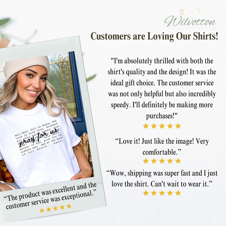May include: A woman wearing a white t-shirt with the text "pray for us" and a religious passage. The shirt is paired with a beige beanie. The image includes customer reviews and the brand name "Wilvotton".