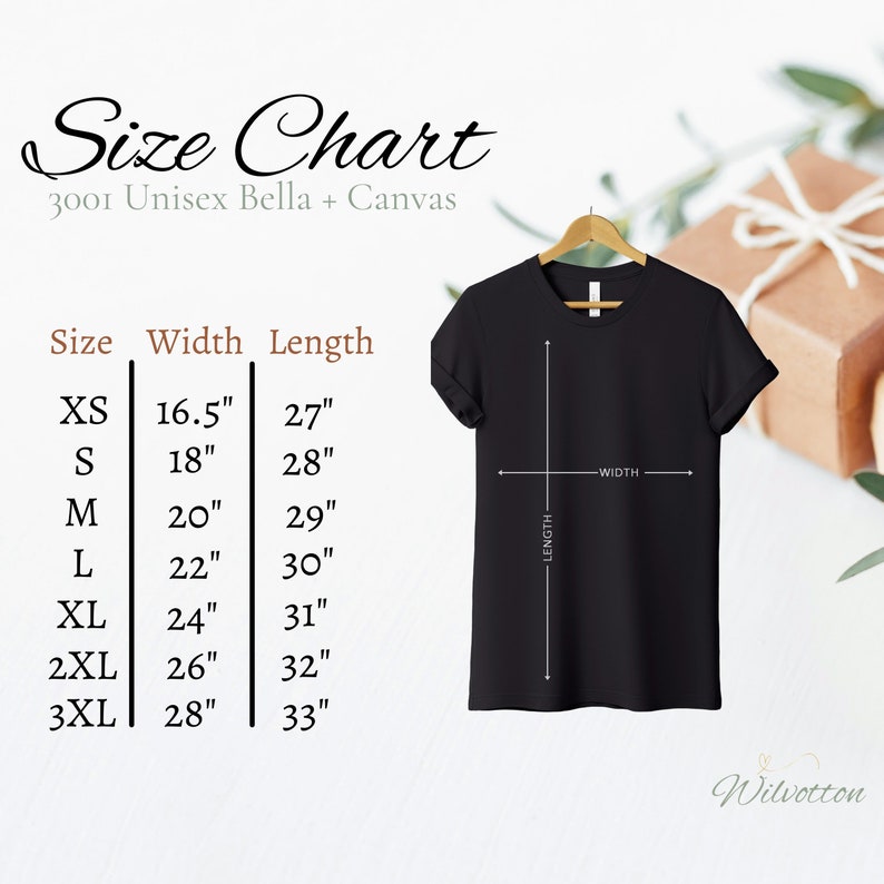 Puede incluir: Tabla de tallas para camisetas unisex en tallas XS a 3XL. La tabla muestra las medidas de ancho y largo en pulgadas para cada talla.