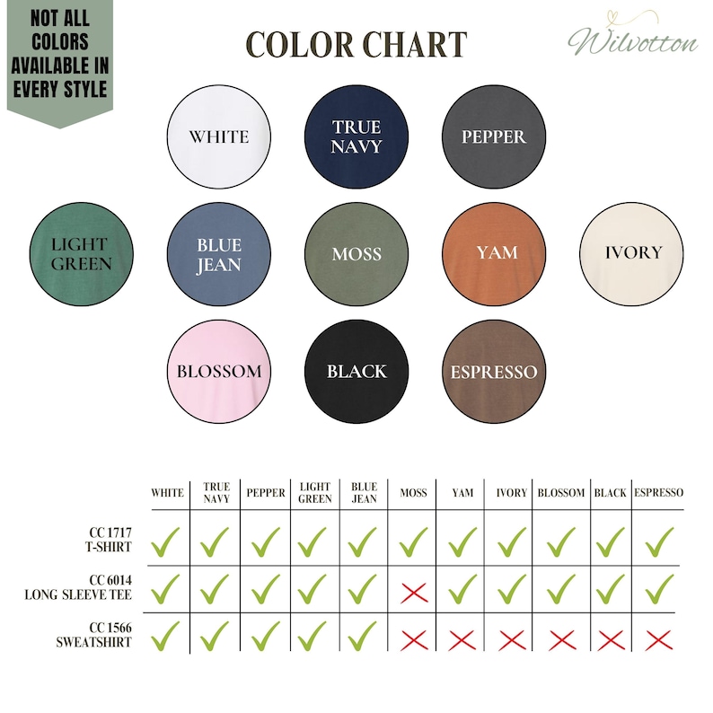 May include: A colour chart showing a range of colours, including white, navy, and pepper, in circular swatches. The chart indicates the availability of these colours across different clothing styles, such as t-shirts and sweatshirts.