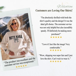 May include: A beige sweatshirt with the text "MOTO NANA" in black, featuring a checkered bow design. The image includes customer testimonials and the brand name "Wilvotton".