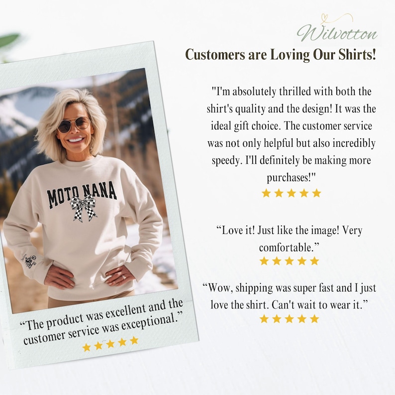 May include: A beige sweatshirt with the text "MOTO NANA" in black, featuring a checkered bow design. The image includes customer testimonials and the brand name "Wilvotton".