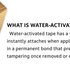 May include: A brown cardboard box with a water-activated tape seal. The tape has a graphic of a bicycle and the text "freeride bicycle club". The text "WHAT IS WATER-ACTIVATED TAPE?" is written below the box. The text explains that water-activated tape has a water-based adhesive that instantly attaches when applied on a carton. It results in a permanent bond that prevents theft due to obvious tampering once removed or cut from the box.