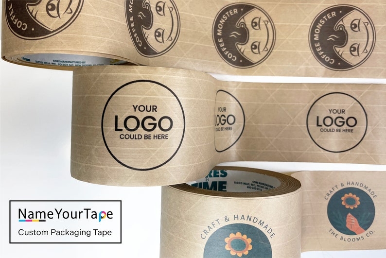 May include: Rolls of brown kraft paper tape with different designs. One roll has a logo that says "Your Logo Could Be Here". Another roll has a design that says "Craft & Handmade The Blooms Co."