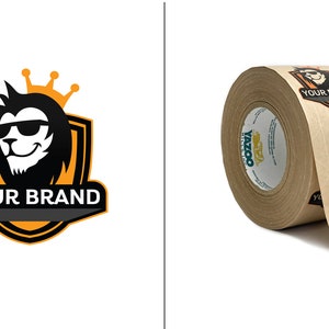 May include: A roll of brown packing tape with a custom printed design featuring a cartoon lion wearing sunglasses and a crown. The text "YOUR BRAND" is printed on the tape.