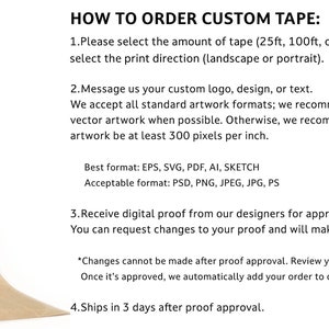 May include: Brown paper tape roll with a bulldog logo printed on it. The tape is labeled "Name Your Tape" and "Bulldog". The text "How to Order Custom Tape" is displayed above the tape roll with instructions for ordering custom printed tape.