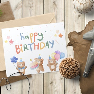Tarjeta de cumpleaños imprimible, osos tiernos, globos y temas coloridos, saludo digital divertido para niños, regalo único, impresión en casa, descarga instantánea