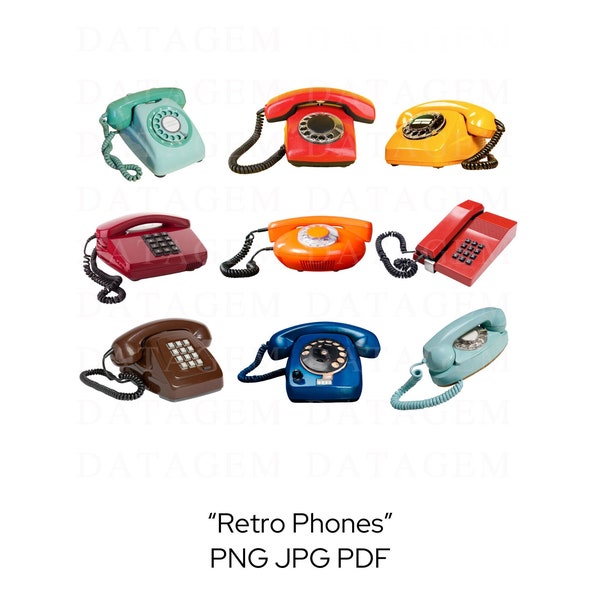 Retro Phones Png, Rotary Telephone Images, Trending T-Shirt Design, PNG JPG PDF, Touchtone Phones, Nostalgic Telephones, Colorful Telephones
