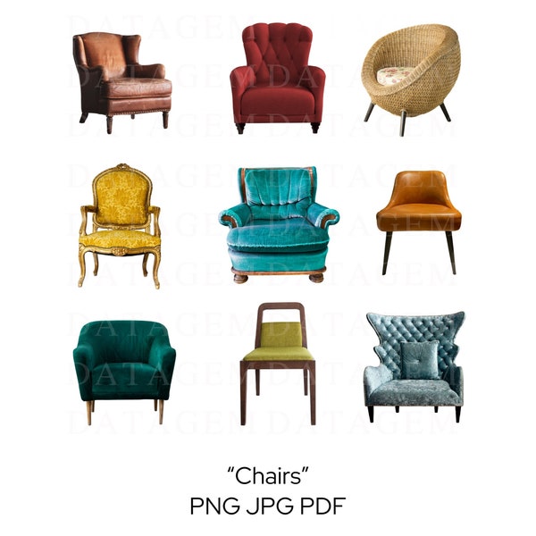 Chaises Png, Images de chaises rembourrées, Design de T-Shirt tendance, PNG JPG PDF, chaises vintage, chaises esthétiques, chaises colorées, chaises rétro