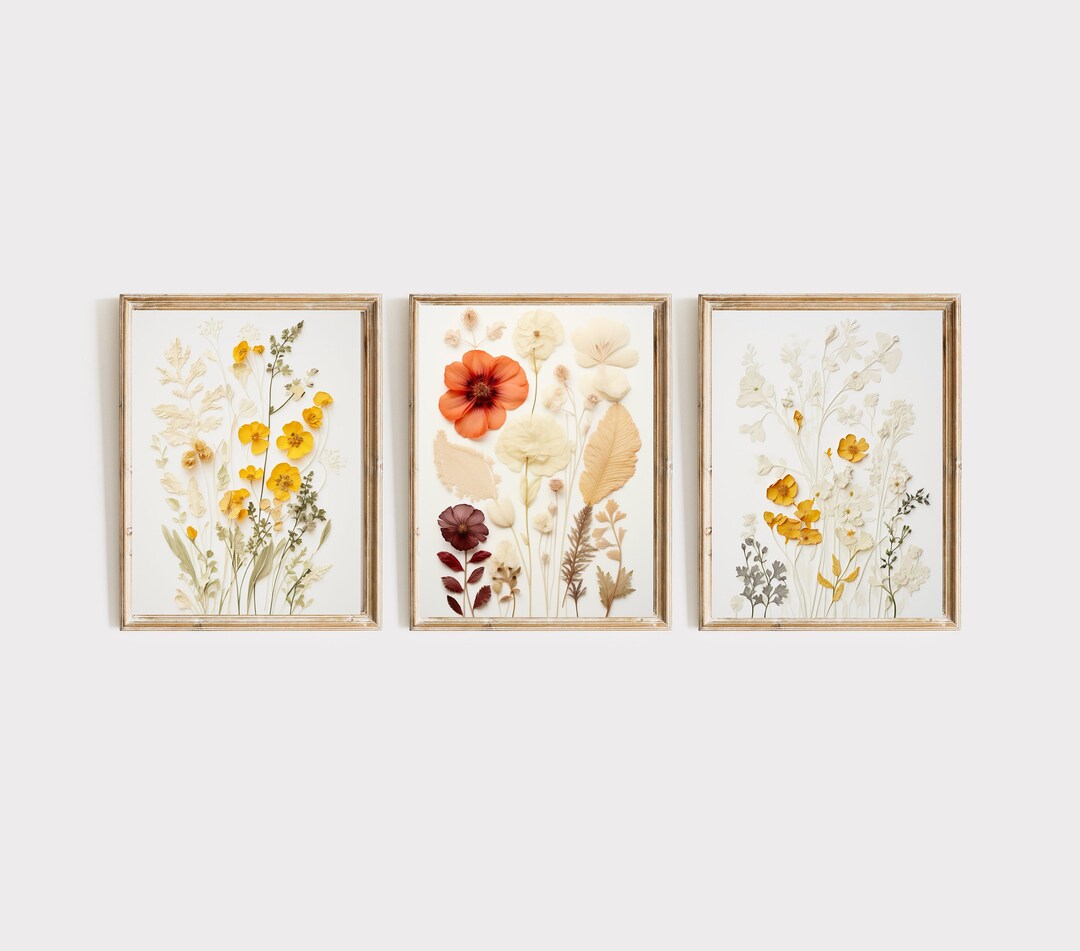 Pressed Flower Art Print Set of 3 Neutral Muted Colors Watercolor