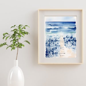 Hamptons Beach House Style Decor Navy Blue Abstract Print Wall Art Printable Watercolour Brush Stroke Painting Beach Coastal Landscape Art