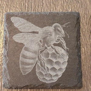 Laser Engraved Slate Coasters: Honey Bee Design, Set of 4