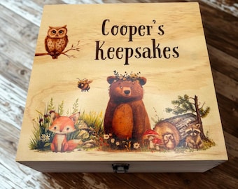 Baby Keepsake Box: Personalized Woodland Animal Design, Engraved Wood Memory Box