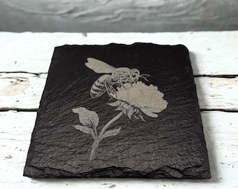 Slate Coaster Set: Engraved Bee & Flower Design, 4x4 Stone Coasters (Set of 4)