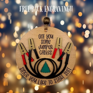 Ornament — Funny Jumper Cables, Hand-Painted Layered Wood, Back Engraving