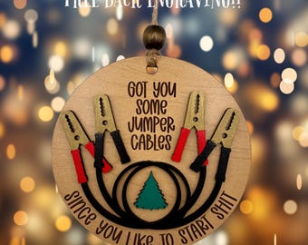 Ornament — Funny Jumper Cables, Hand-Painted Layered Wood, Back Engraving