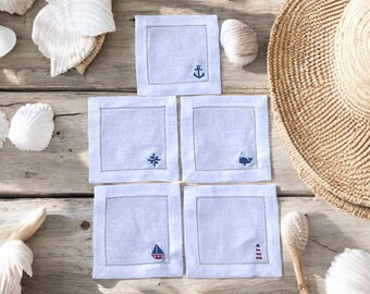 Embroidered Coastal Napkins: Linen Cotton Maritime Decor