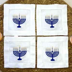 Elegant Set of Embroidered Napkins| Embroidered Menorah Cocktail Napkins | Hanukkah Table Setting | Menorah Embroidered Cocktail Napkins