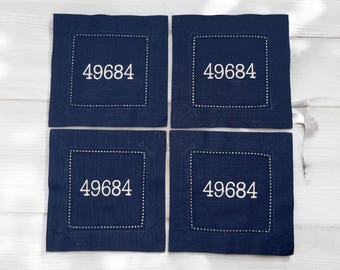 Embroidered Zip Code Cocktail Napkins | Personalized Hostess Gift