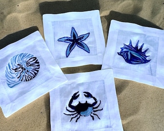Embroidered Linen Cocktail Napkins: Beach Coastal Decor