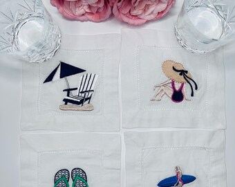 Embroidered Linen Cocktail Napkins: Beach Theme, Set of 4