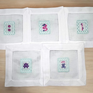 Embroidered Mahjong Napkins - Set of 5 Linen Cotton Blend