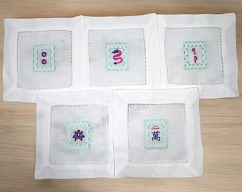 Embroidered Mahjong Napkins - Set of 5 Linen Cotton Blend