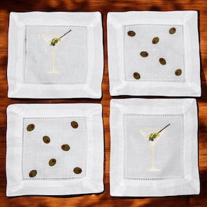 Elegant Set of Olive and Martini Embroidered Cocktail Napkins - Linen/Cotton Blend | Hostess Gifts|Olive and Martini Napkins | Martini lover