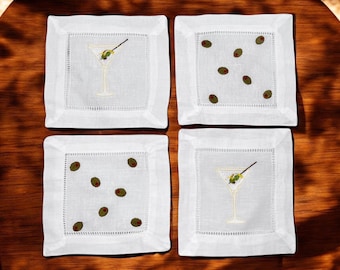 Embroidered Martini Olive Cocktail Napkins: Linen Cotton Blend, Set of 4