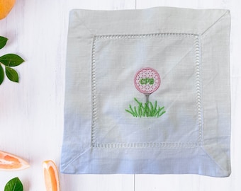 Embroidered Golf Linen Cocktail Napkins: Personalized Set of 4