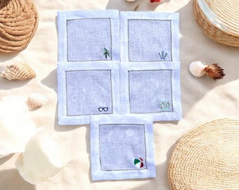 Embroidered Beach Cocktail Napkins - Linen Hostess Gift Set