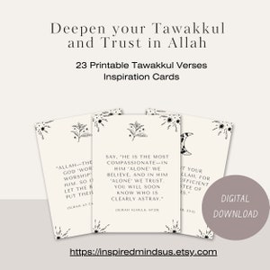 Aprofunde sua confiança em Allah, cartas Tawakkul de versículos do Alcorão. Melhore o seu humor com lembretes diários de colocar sua confiança em Allah!