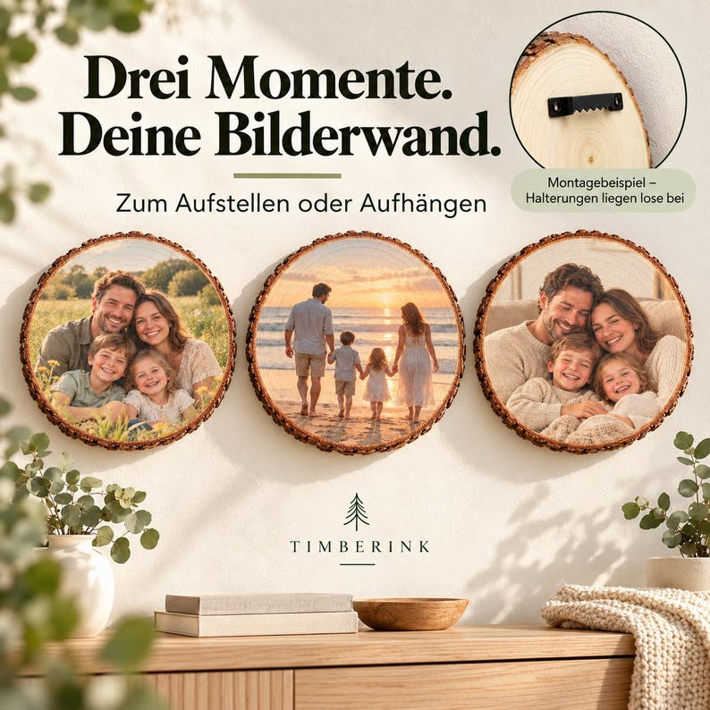 Drei Fotobaumscheiben als Bilderwand, mit Hinweis auf lose beiliegende Wandhalterungen.