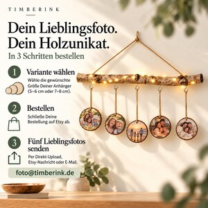 Bestellablauf für den Familienjahr-Deko-Ast: Variante wählen, bestellen und fünf Fotos senden.