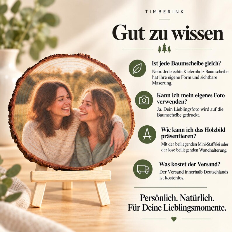 faq – Gemeinsames Freundinnenfoto auf echter Kiefernholz-Baumscheibe im Timberink Komplett-Set