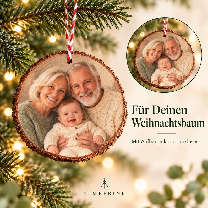 Fotoanhänger am Weihnachtsbaum mit Detail der ebenfalls bedruckten Rückseite und mitgelieferter Aufhängekordel.