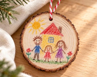 Kinderzeichnung auf Holz, personalisierter Holzanhänger, Kinderkunst Druck, Weihnachtsgeschenk, Baumscheibe doppelseitig, Oma Opa Andenken