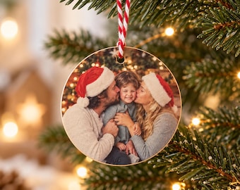 Weihnachtsanhänger mit Foto, flache Holzscheibe doppelseitig bedruckt, personalisierte Christbaumdeko, Familiengeschenk handgefertigt