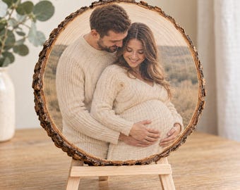 Schwangerschaftsverkündung auf Holz, Babyankündigung Foto Baumscheibe, personalisiertes Geschenk für werdende Eltern, Oma & Tante