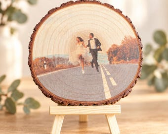 Foto auf Holz, Hochzeitsgeschenk, Baumscheibe bedruckt, Geschenk Brautpaar, Holzbild individuell, Fotodruck Naturholz, Hochzeitsfoto Deko