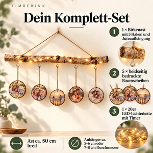Komplett-Set mit Birkenast, fünf Foto-Baumscheiben, Jutebändern und 20er LED-Lichterkette mit Timer.