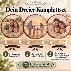 Lieferumfang des Dreier-Sets mit drei Fotobaumscheiben, drei Staffeleien und drei losen Wandhalterungen mit Schrauben.