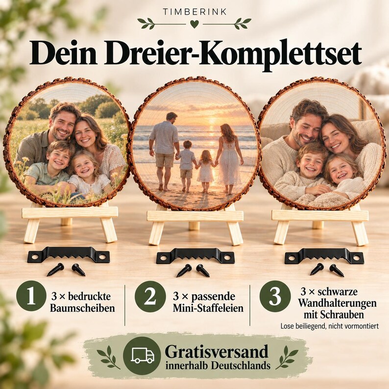 Lieferumfang des Dreier-Sets mit drei Fotobaumscheiben, drei Staffeleien und drei losen Wandhalterungen mit Schrauben.