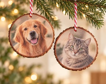 Weihnachtsanhänger Hund Katze, Haustierfoto auf Holz, Christbaumschmuck personalisiert, Baumscheibe doppelseitig, Geschenk Tierliebhaber
