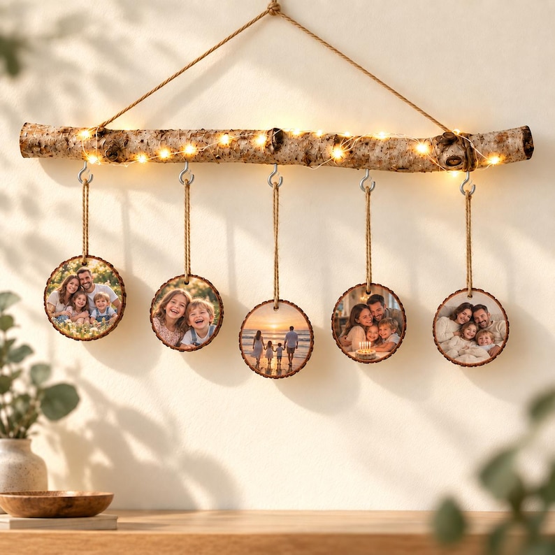 Personalisierter Birken-Deko-Ast mit fünf Familienfotos, Baumscheiben und warmer LED-Lichterkette.