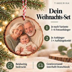 Lieferumfang der Fotoanhänger: je nach Auswahl ein bis sechs beidseitig bedruckte Kiefernscheiben mit je einer rot-weißen Kordel.