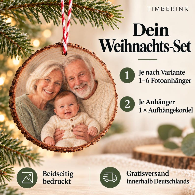 Lieferumfang der Fotoanhänger: je nach Auswahl ein bis sechs beidseitig bedruckte Kiefernscheiben mit je einer rot-weißen Kordel.