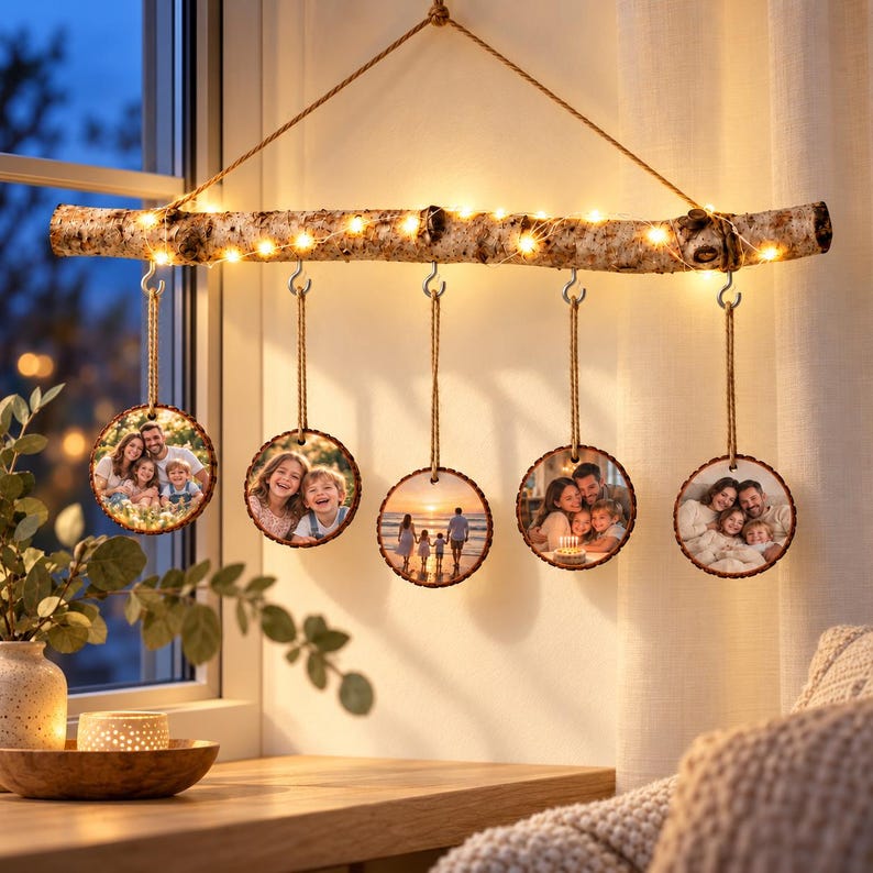 Der Deko-Ast mit Familienerinnerungen und warmen LEDs im Fenster bei Abendlicht.