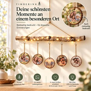 Deko-Ast mit fünf beidseitig bedruckten Baumscheiben und Detail der Foto-Rückseite.